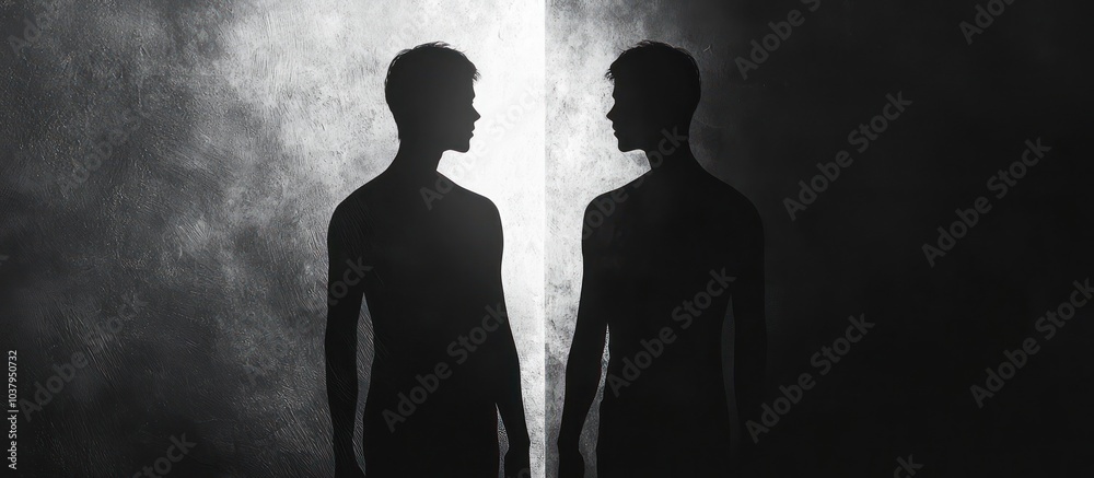 Illustrating human nature's dual aspects with a shadow divided by light and dark. Illustrating human nature's dual aspects with a shadow divided by light and dark.