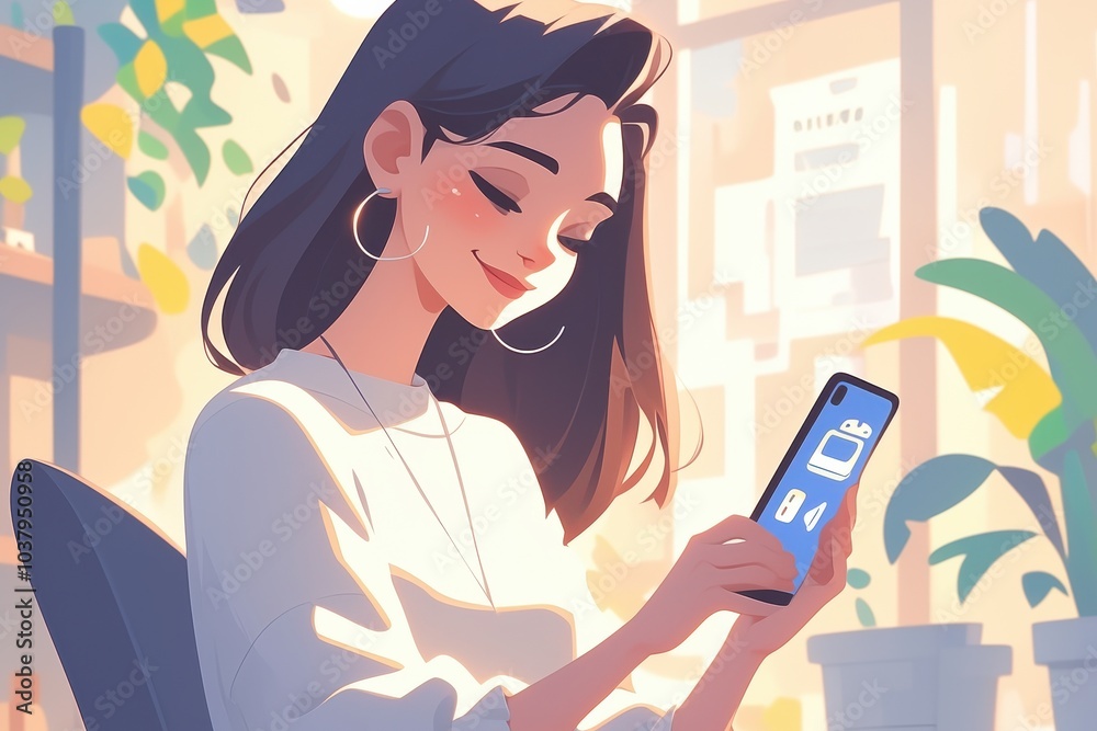 Woman Using Smartphone in Sunlit Modern Cozy Interior Woman Using Smartphone in Sunlit Modern Cozy Interior
