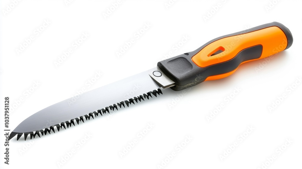 Orange-handled garden pruning saw isolated on white background. Sharp pruning saw with a black and orange handle ideal for gardening or landscaping stock images.. Generative AI Orange-handled garden pruning saw isolated on white background. Sharp pruning saw with a black and orange handle ideal for gardening or landscaping stock images.. Generative AI