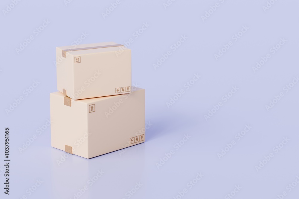 Obraz premium 3D Cardboard box package transport order icon .3D Minimal stack parcel box icon on isolated purple background. Logistics shipment and Online delivery service Concept. 3d render.