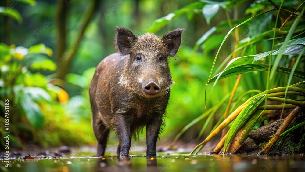 Close-up of wild boar on wet ground in jungle greenery Close-up of wild boar on wet ground in jungle greenery