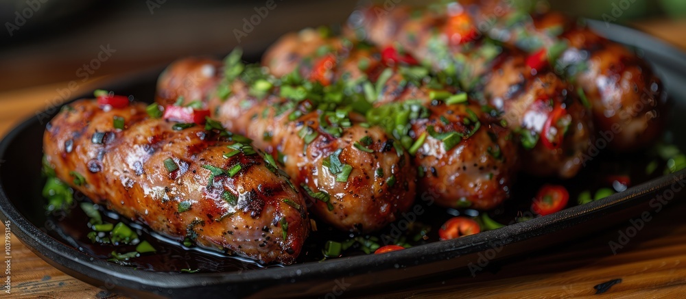 Close up of grilled sausages with fresh herbs and red chili peppers on a black plate. Close up of grilled sausages with fresh herbs and red chili peppers on a black plate.