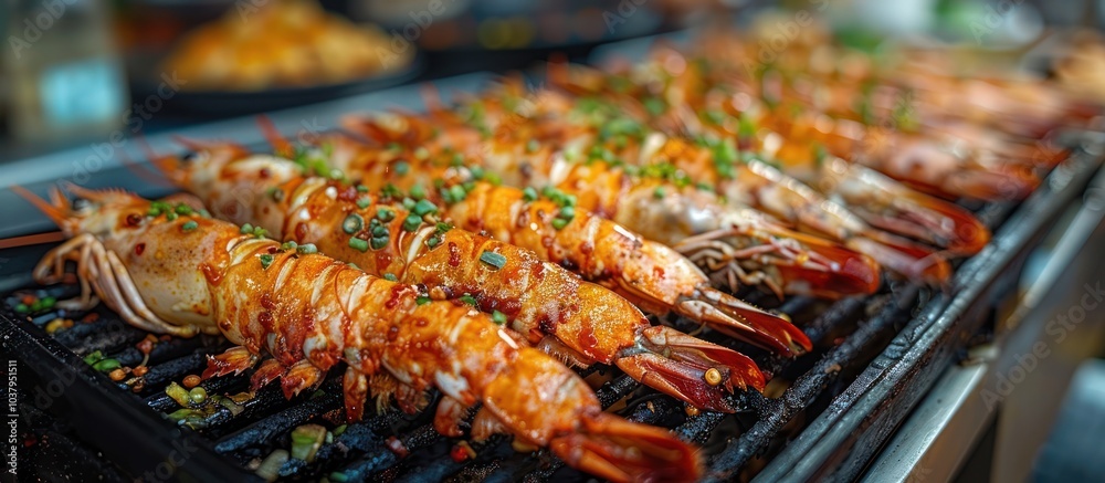 Close-up of grilled prawns with herbs on a grill. Close-up of grilled prawns with herbs on a grill.