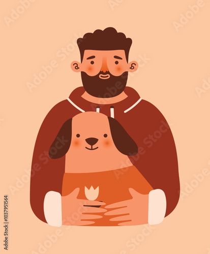 Young man owner of dog hugging this cute dog. Care about pet. Adopt don't shop. Naive illustration with male person and domestic animal. Cartoon clip art for card, banner, sticker. Kawaii charcters. photo