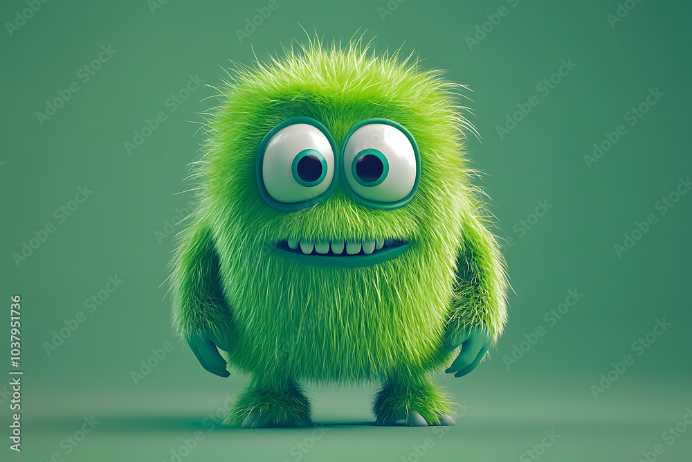 A cute, fluffy green creature with big eyes and a friendly smile against a solid background. A cute, fluffy green creature with big eyes and a friendly smile against a solid background.