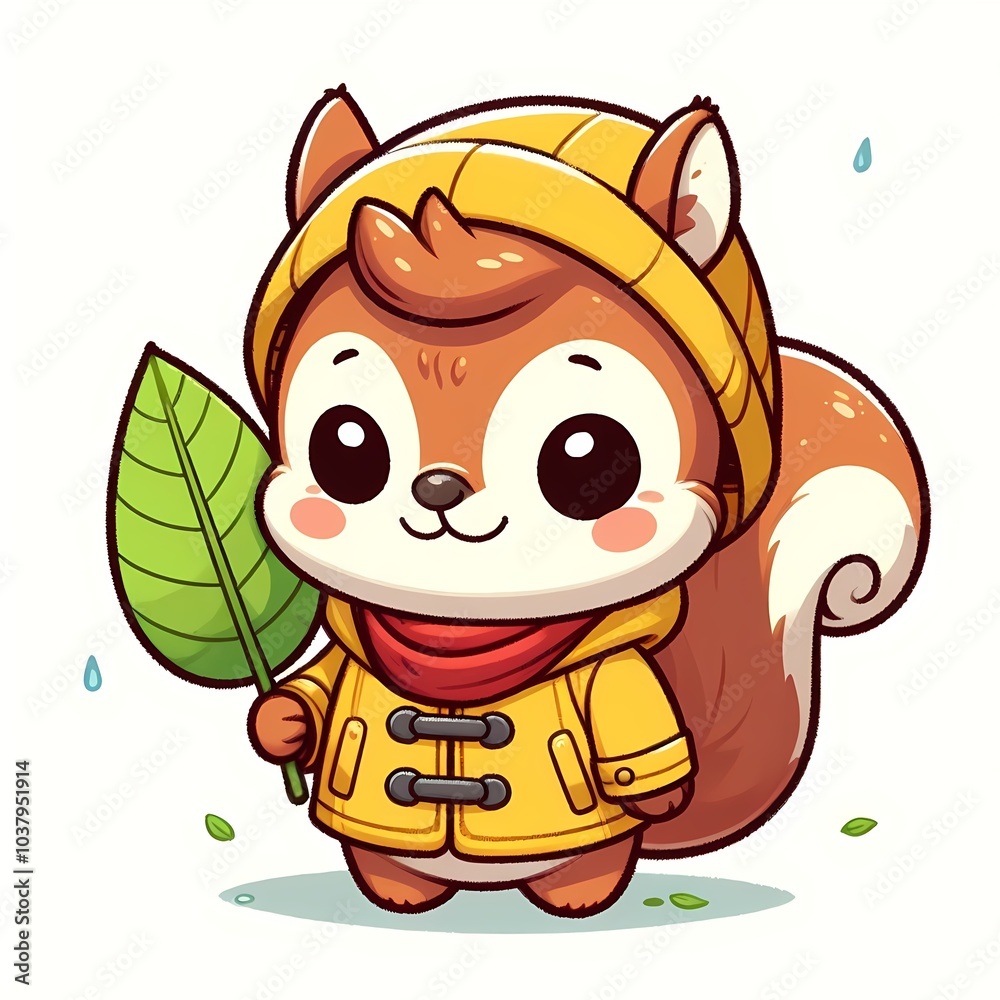 Fototapeta premium Cute Squirrel Wearing Raincoat And Holding Leaf Cartoon Vector Icon Illustration