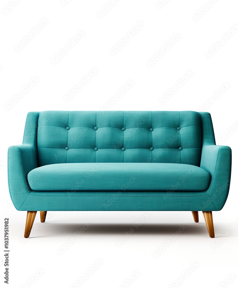 A stylish mid-century modern sofa, teal fabric upholstery, tapered wooden legs, isolated on white background A stylish mid-century modern sofa, teal fabric upholstery, tapered wooden legs, isolated on white background