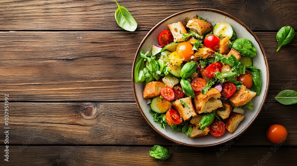 Salad panzanella on a wooden surface
Salad panzanella on a wooden surface