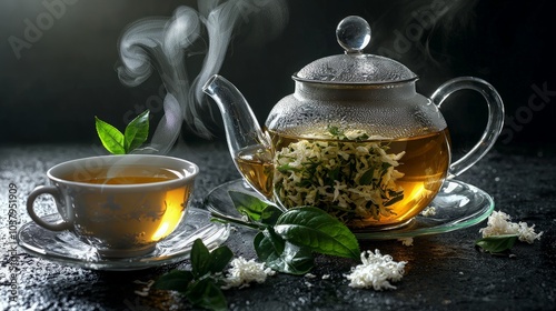 A glass teapot with steaming tea and a cup of tea on a dark background, with fresh tea leaves and flowers scattered around.