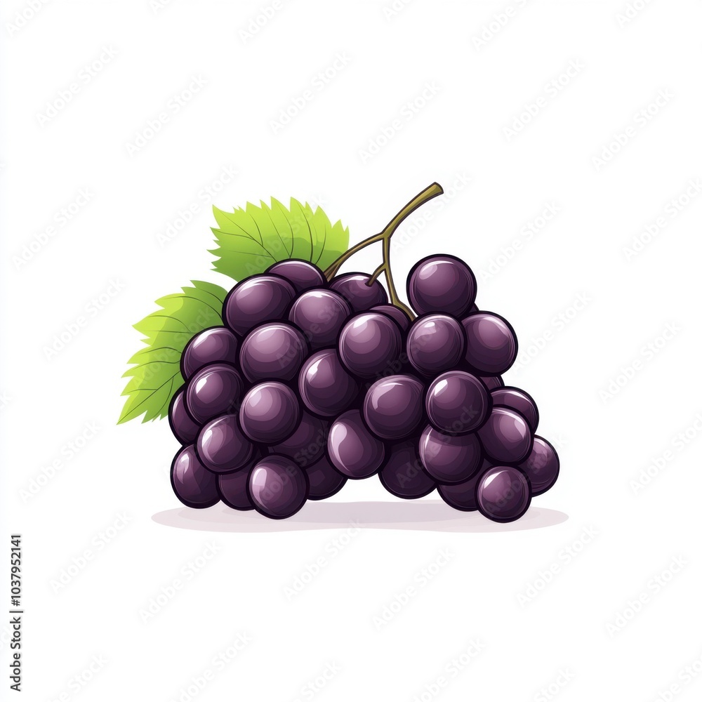 Fototapeta premium A fresh bunch of purple grapes with green leaves, perfect for healthy snacks, desserts, or illustrations of fruits.