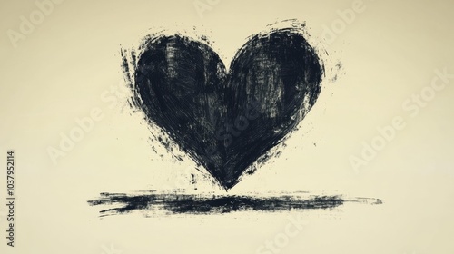 Abstract hand-drawn black heart on white background with rough brushstrokes for a raw and emotional artistic effect.. Generative AI