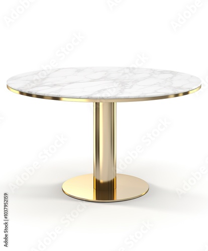 A round marble dining table, gold metal base, minimalist luxury, modern design, isolated on white background 