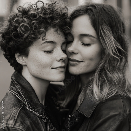 In an urban setting, a black and white photograph shows a couple of lesbians, one with short curly hair and the other with long straight hair