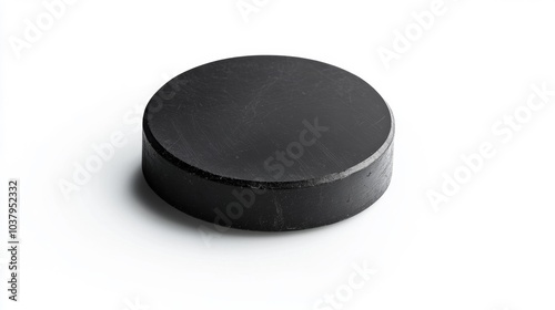 Black hockey puck isolated on a white background close-up view of sport equipment. Generative AI