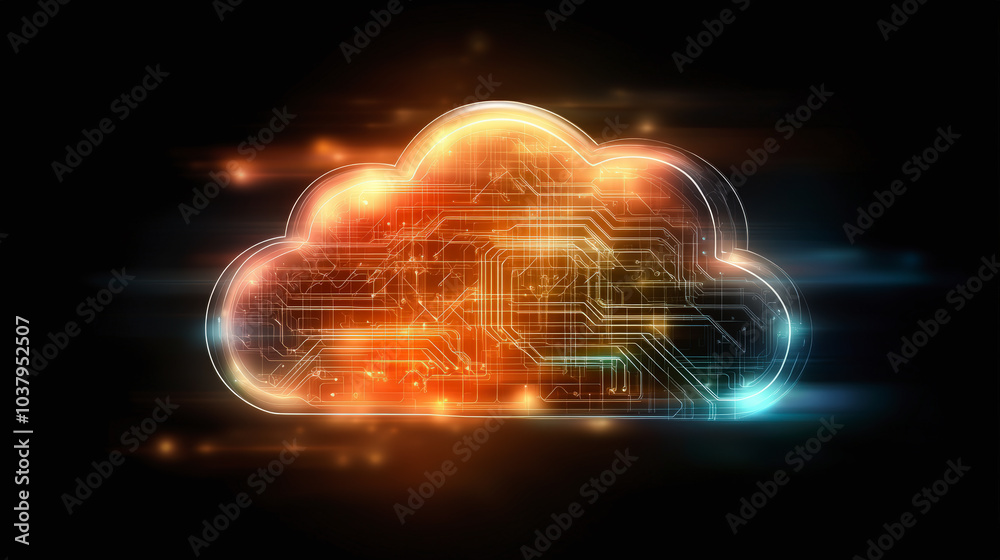Glowing digital cloud with circuit patterns, illustrating the concept of cloud computing and technology integration against a dark background. Glowing digital cloud with circuit patterns, illustrating the concept of cloud computing and technology integration against a dark background.