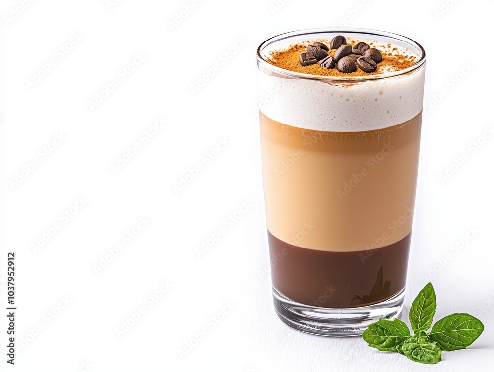 Delight in this beautifully layered latte, featuring rich coffee, creamy milk, and sprinkle of cocoa, topped with coffee beans and fresh mint. Perfect for coffee lovers Delight in this beautifully layered latte, featuring rich coffee, creamy milk, and sprinkle of cocoa, topped with coffee beans and fresh mint. Perfect for coffee lovers