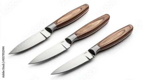 Set of three wooden handle knives with stainless steel blades on white background kitchen utensils photo. Generative AI photo