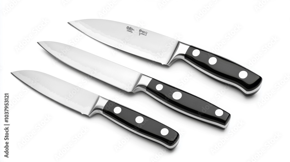 Knife set on a white background featuring three sharp blades. Generative AI
