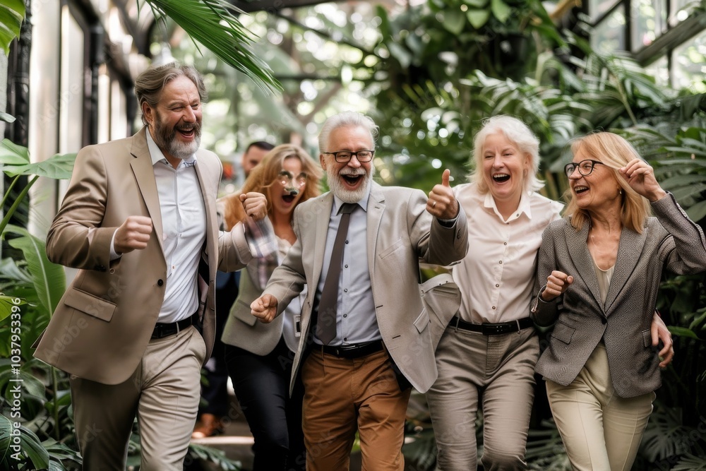 Group of senior business people walking together in a garden and smiling. Group of senior business people walking together in a garden and smiling.