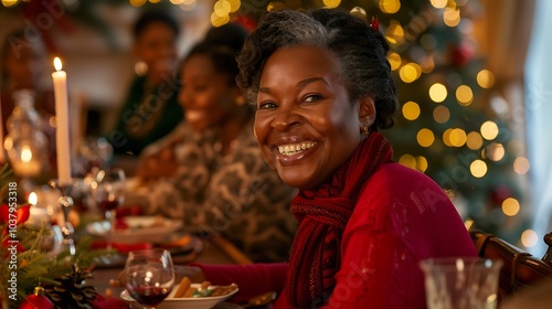 A warm and joyful Christmas gathering featuring a smiling senior African American woman surrounded by her family at a festive holiday table.