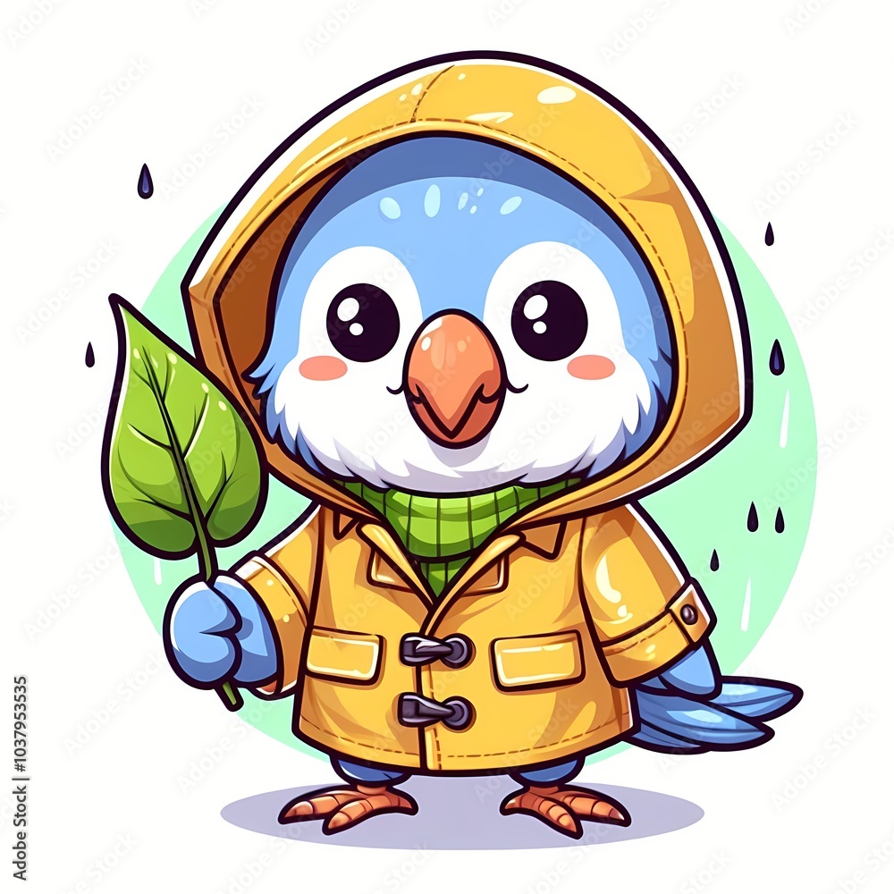 Cute Parrot Wearing Raincoat And Holding Leaf Cartoon Vector Icon Illustration Cute Parrot Wearing Raincoat And Holding Leaf Cartoon Vector Icon Illustration