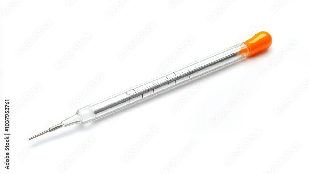 Mercury thermometer with orange cap isolated on white background medical temperature measurement device high-resolution stock photo. Generative AI Mercury thermometer with orange cap isolated on white background medical temperature measurement device high-resolution stock photo. Generative AI