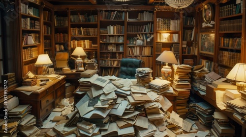 Old fashioned messy office desk covered in paperwork suggesting bankruptcy