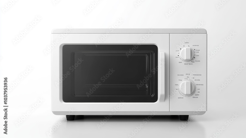 White modern microwave oven with dial controls on white background. Generative AI White modern microwave oven with dial controls on white background. Generative AI