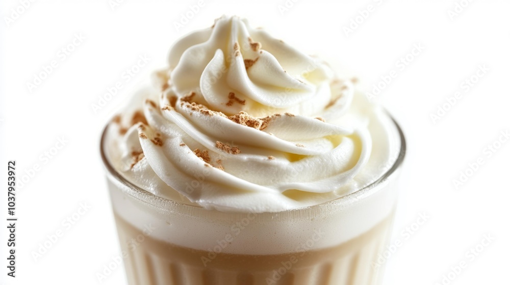 Milkshake with whipped cream and cinnamon topping isolated on white background close-up. Generative AI Milkshake with whipped cream and cinnamon topping isolated on white background close-up. Generative AI