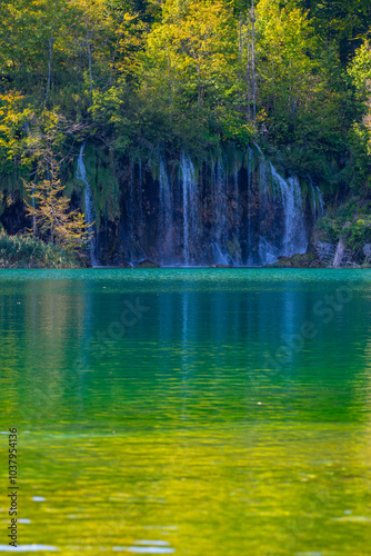 Beauty nature. Waterfall in the Plitvice Lakes in Croatia. The waterfalls in forest. Summer view of beautiful waterfalls and clear lake. Plitvice Lakes National Park, Croatia. Summer nature landscape.