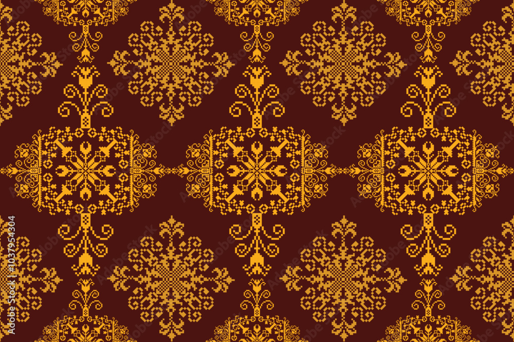 Regal Golden Ornamental Pixel Pattern on Brown Background - Seamless Vector Design by Affinity Designer