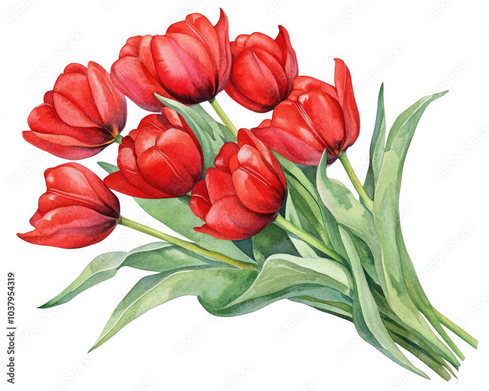 A vibrant bouquet of red tulips surrounded by lush green leaves, perfect for spring decorations or floral designs. A vibrant bouquet of red tulips surrounded by lush green leaves, perfect for spring decorations or floral designs.