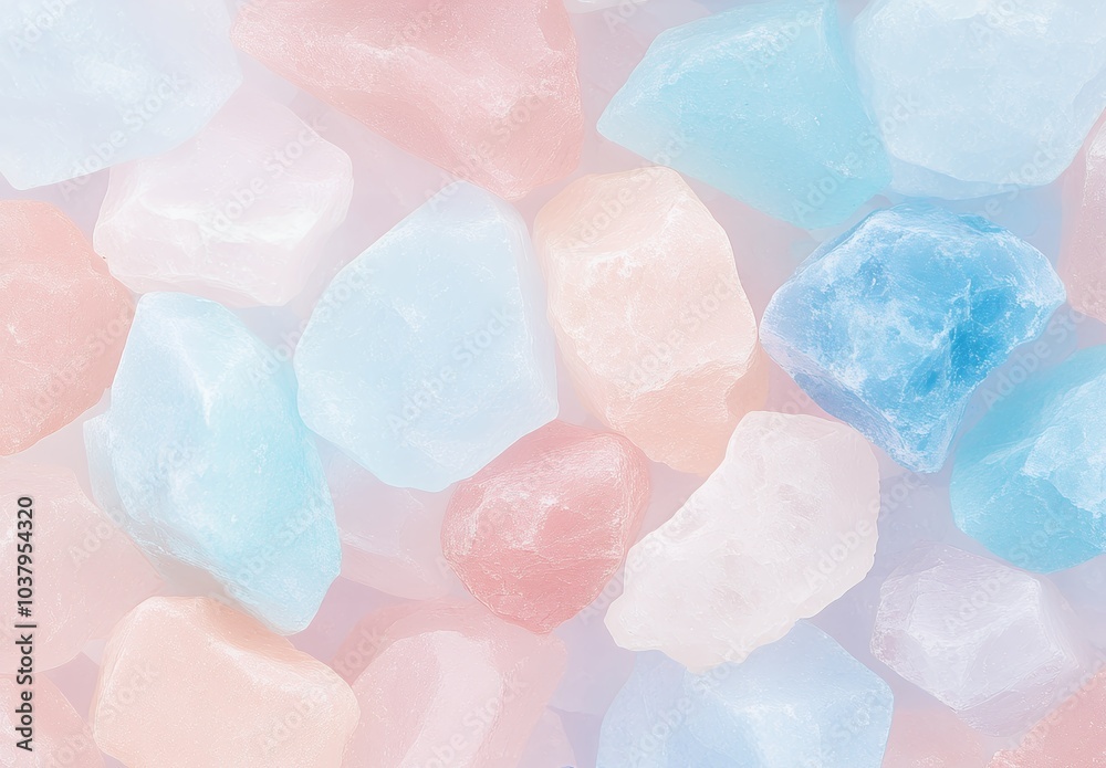 Collection of blue and pink pastel-colored translucent stones. Top view macro photography. Natural mineral texture for design and print