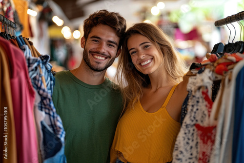 Couple smiling, shopping in clothing store.