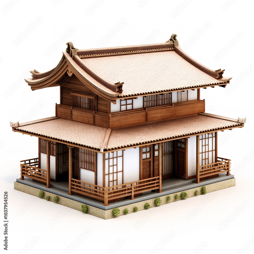 A traditional Japanese house, wooden structure, sliding doors, Zen design, isolated on white background A traditional Japanese house, wooden structure, sliding doors, Zen design, isolated on white background