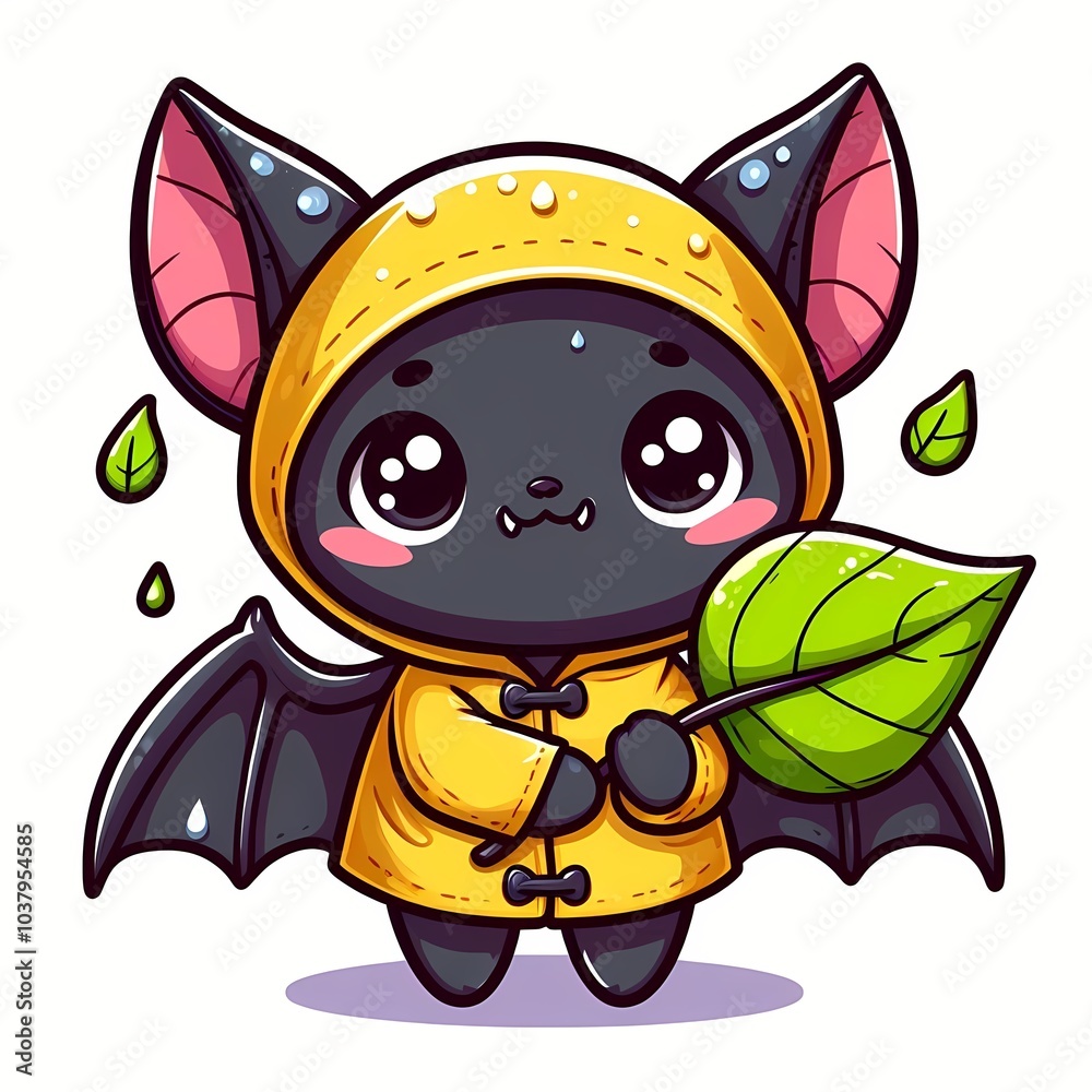 Cute Bat Wearing Raincoat And Holding Leaf Cartoon Vector Icon Illustration Cute Bat Wearing Raincoat And Holding Leaf Cartoon Vector Icon Illustration