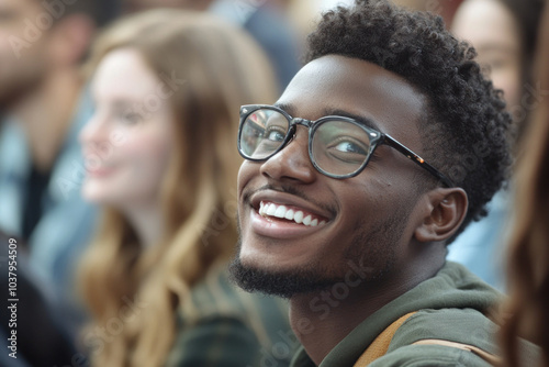 Young man with glasses smiling warmly, standing against a vibrant city backdrop.