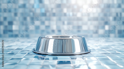 Shiny Silver Empty Round Metal Bowl on Tiled Surface photo