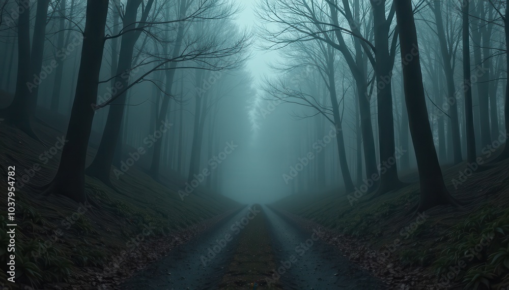 Fototapeta premium Dismal forest path bathed in fog and darkness where every step seems to get heavier as the unseen creatures of the woods watch silently.