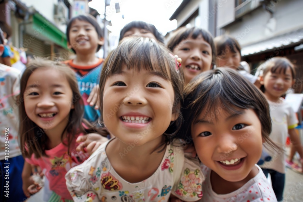 Group of Asian children smiling and looking at camera in the street. Group of Asian children smiling and looking at camera in the street.