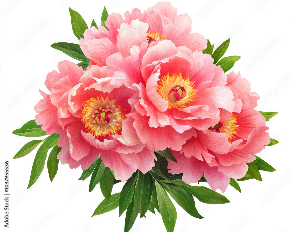Beautiful bouquet of pink peony flowers with vibrant green leaves, perfect for nature-themed designs and floral arrangements. Beautiful bouquet of pink peony flowers with vibrant green leaves, perfect for nature-themed designs and floral arrangements.