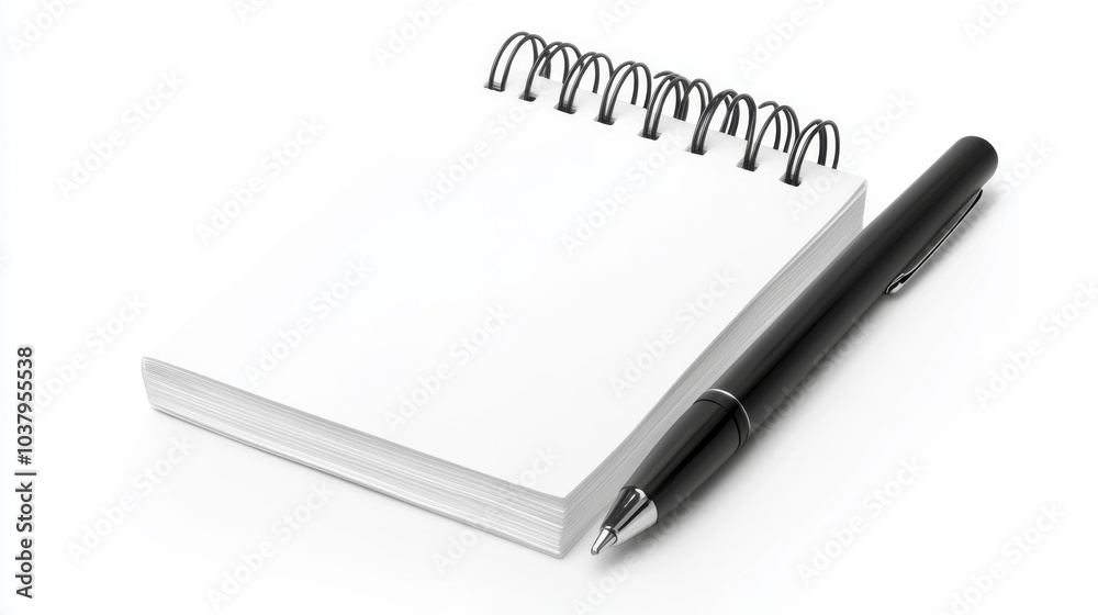 Blank notepad with a spiral binding and a sleek black pen on a clean white background. Generative AI Blank notepad with a spiral binding and a sleek black pen on a clean white background. Generative AI