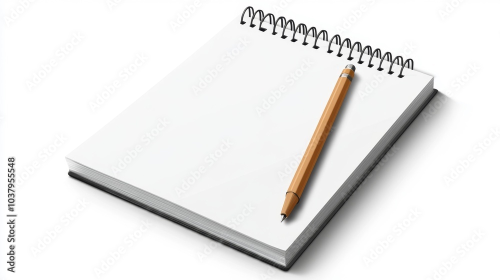 Blank Notepad with Spiral Binding and Wooden Pencil on White Background. Generative AI Blank Notepad with Spiral Binding and Wooden Pencil on White Background. Generative AI