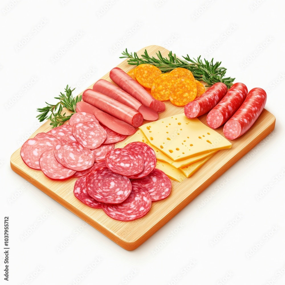ham sliced salami thinly sliced cheese hot dog sausages on light wooden board sprigs of green herbs ham sliced salami thinly sliced cheese hot dog sausages on light wooden board sprigs of green herbs