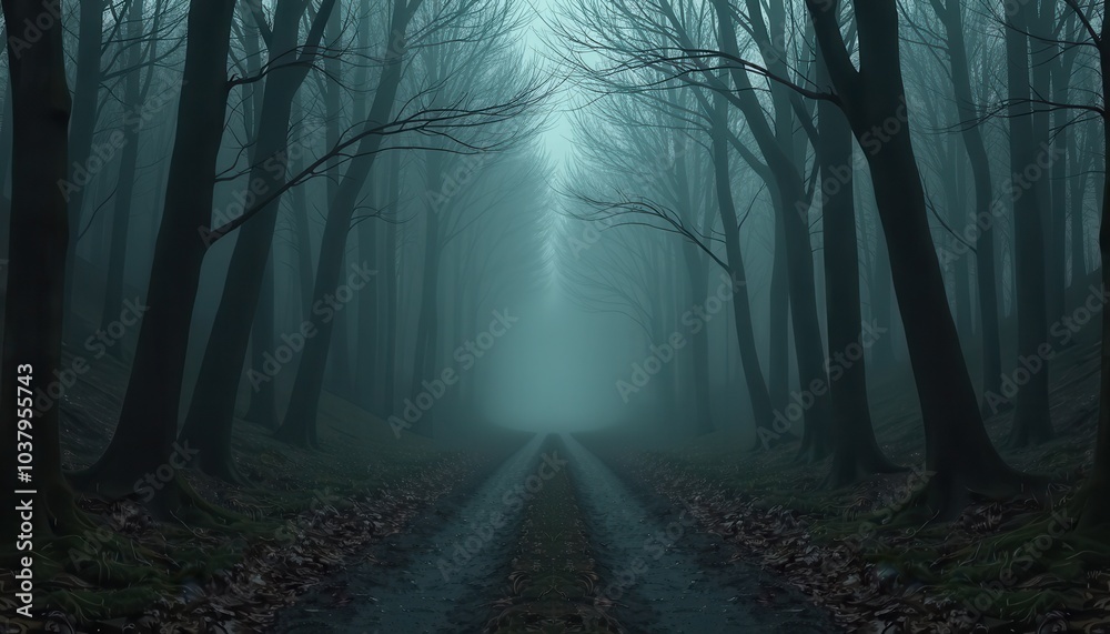 Fototapeta premium Creepy misty pathway leading deep into a forbidden dark wood where every sound feels amplified and something watches from the shadows.