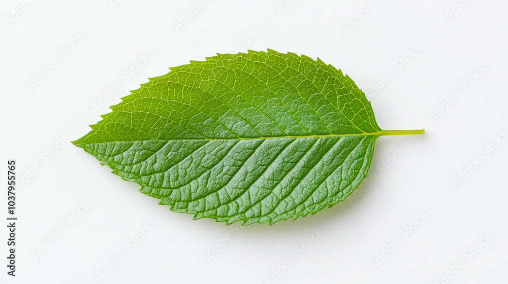 A single green leaf with delicate veins and serrated edges on a plain white background, showcasing nature's intricate design and vibrant color.