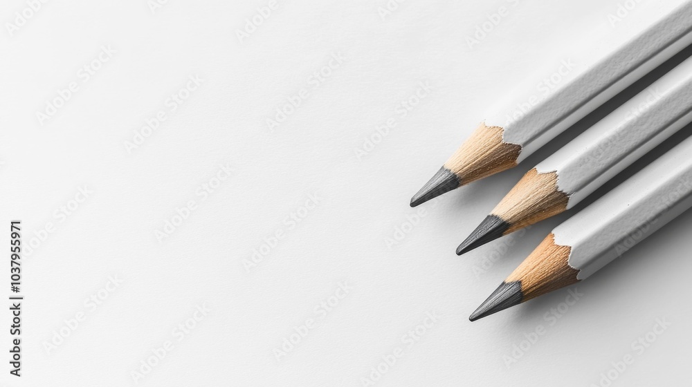 Three Sharpened Wooden Pencils with Black Tips on a White Background. Generative AI Three Sharpened Wooden Pencils with Black Tips on a White Background. Generative AI