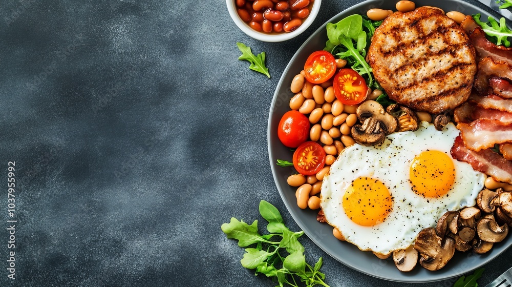 A classic full English breakfast is served on a grey table and includes fried eggs, sausages, beans, mushrooms, grilled tomatoes, and bacon. upper view. copy the text's spacing. A classic full English breakfast is served on a grey table and includes fried eggs, sausages, beans, mushrooms, grilled tomatoes, and bacon. upper view. copy the text's spacing.