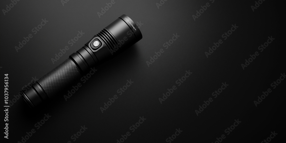 Fototapeta premium Black metal flashlight lying on dark background
