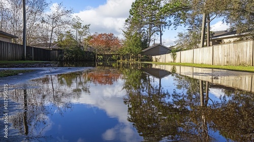 Backyard with standing water reflecting the surrounding trees and sky, capturing the serene beauty of nature's reflection and the tranquility of a still moment.